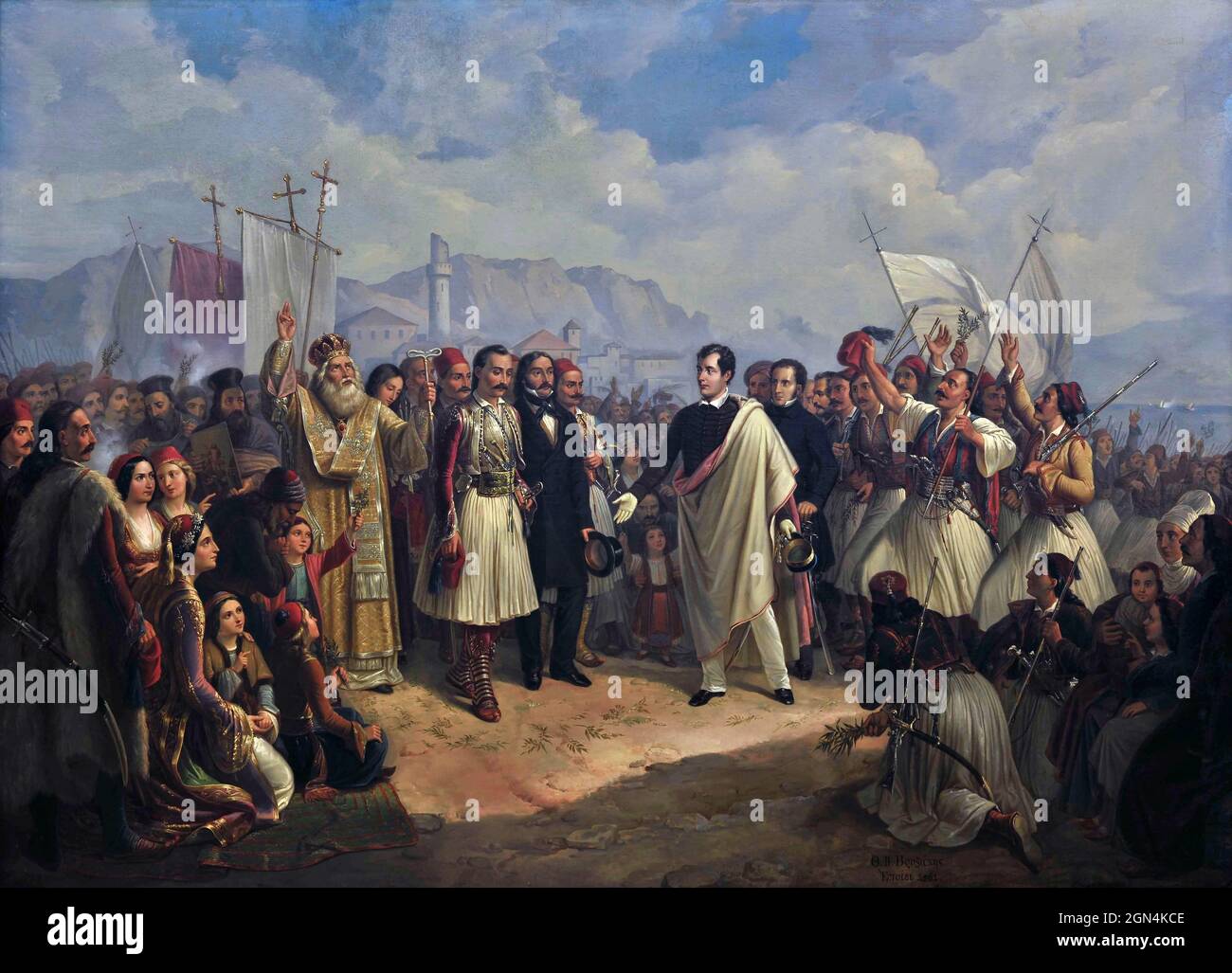 L'accoglienza di Lord Byron a Missolonghi da parte dell'artista greco Theodoros Vryzakis (1819-1878), olio su tela, 1861 Foto Stock