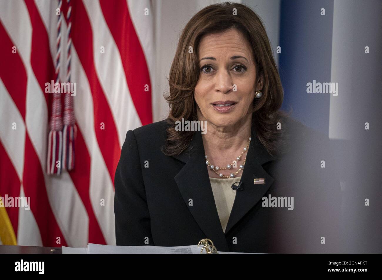 Il Vice Presidente Kamala Harris guida una sessione al PresidentâÂ Â's COVID Summit virtuale sulla costruzione di un ritorno migliore e sulla preparazione e la prevenzione di future pandemie alla Casa Bianca di Washington, DC mercoledì 22 settembre 2021. Foto di Ken Cedeno/Pool/ABACAPRESS.COM Foto Stock