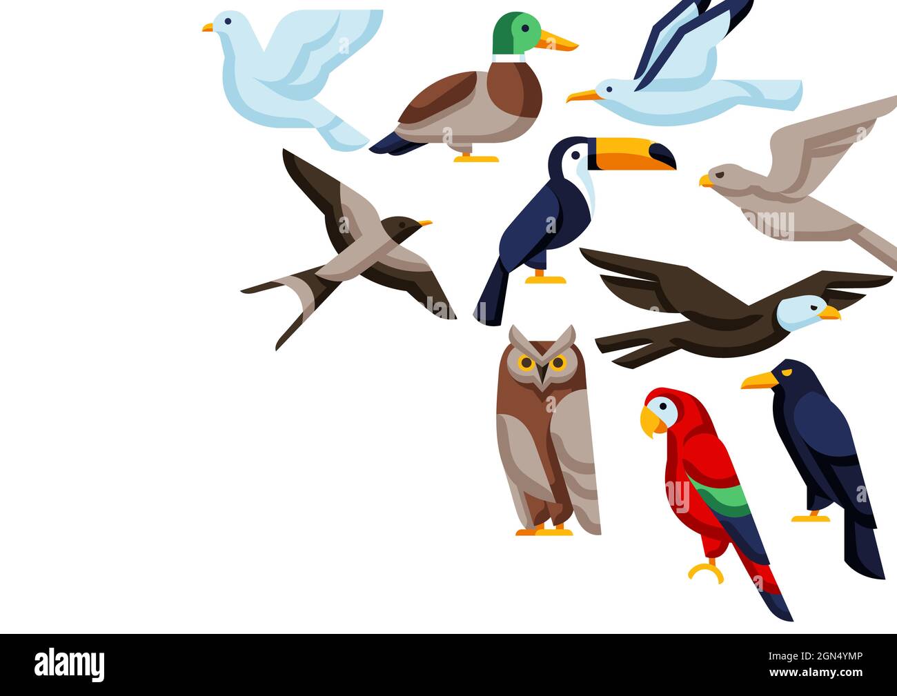 Sfondo con uccelli stilizzati. Immagine di uccelli selvatici in stile semplice. Illustrazione Vettoriale