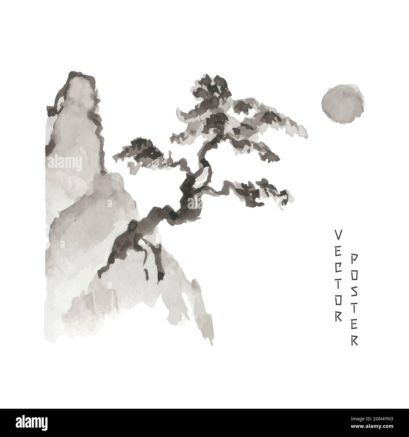 Primo piano di un bonsai giapponese su una roccia dalla luce del sole o della luna. Disegno in stile Giapponese e Cinese. Illustrazione Vettoriale