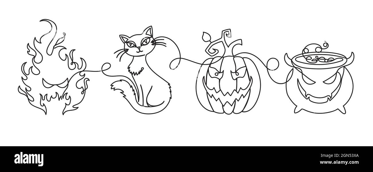 Halloween in stile lineare disegnato a mano. Illustrazione Vettoriale