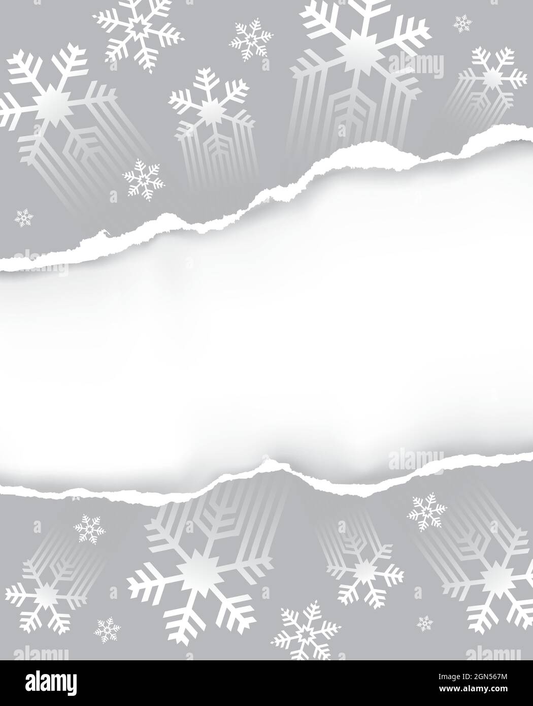 Sfondo grigio di natale con carta strappata. Illustrazione di sfondo grigio con fiocchi di neve stilizzati. Modello di intestazione. Vettore disponibile. Illustrazione Vettoriale