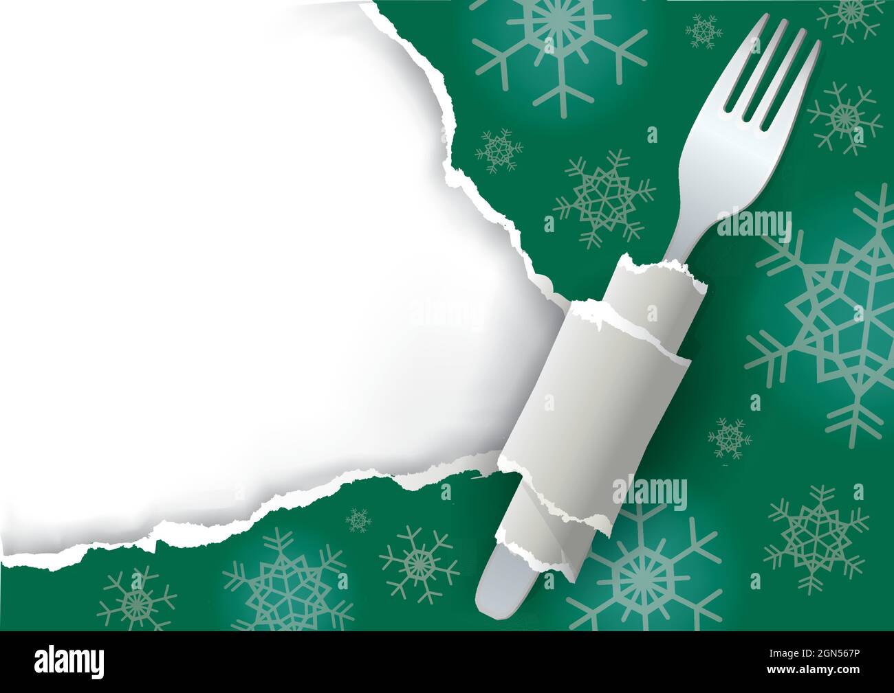 Menu Natale verde strappato sfondo carta. Illustrazione di carta verde strappata con forchetta e fiocchi di neve. Inserire il testo o l'immagine.vettore disponibile Illustrazione Vettoriale