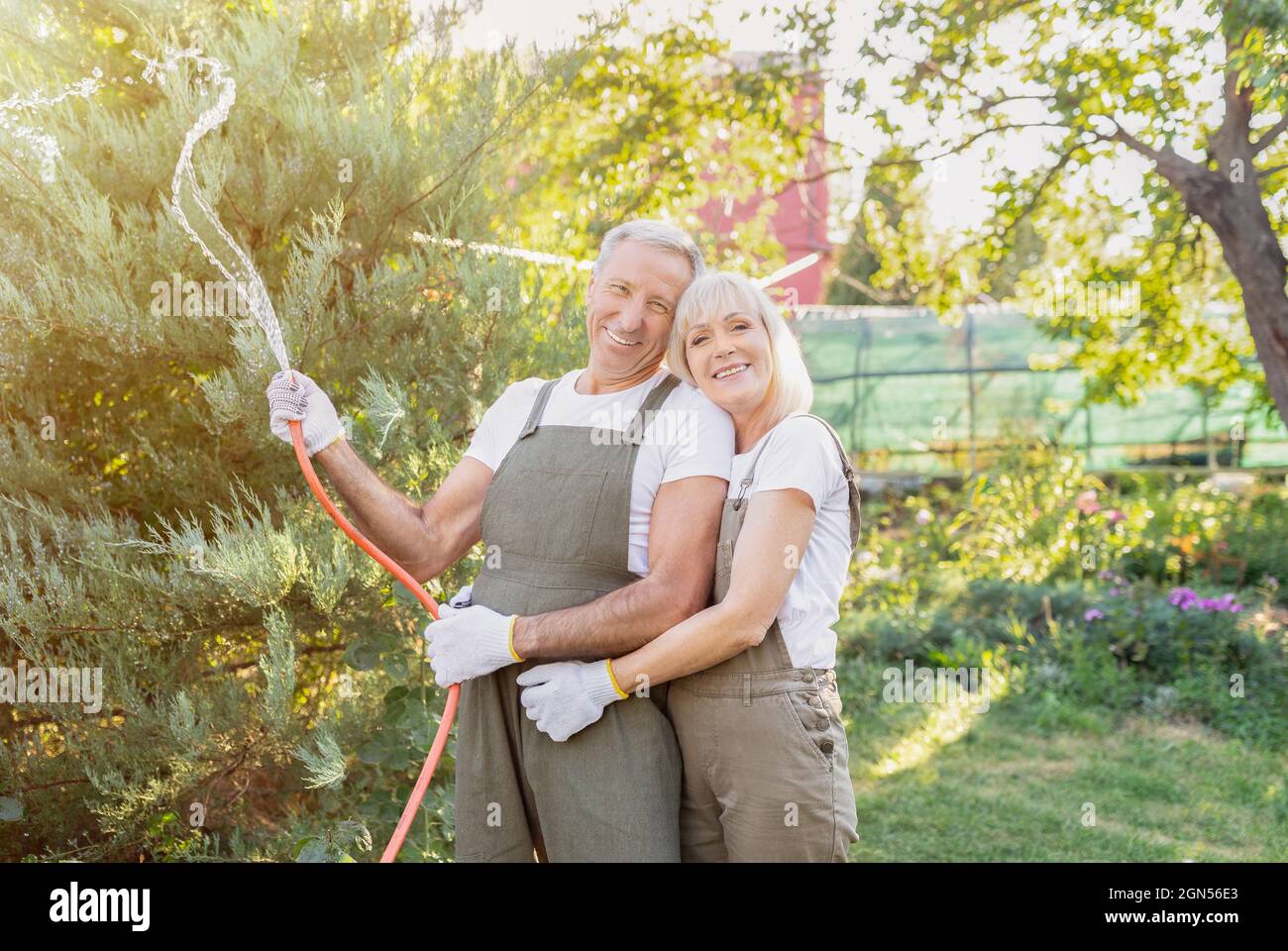 Bella coppia di annaffiatura piante con tubo, abbracciando e sorridendo a macchina fotografica, giardinaggio insieme Foto Stock