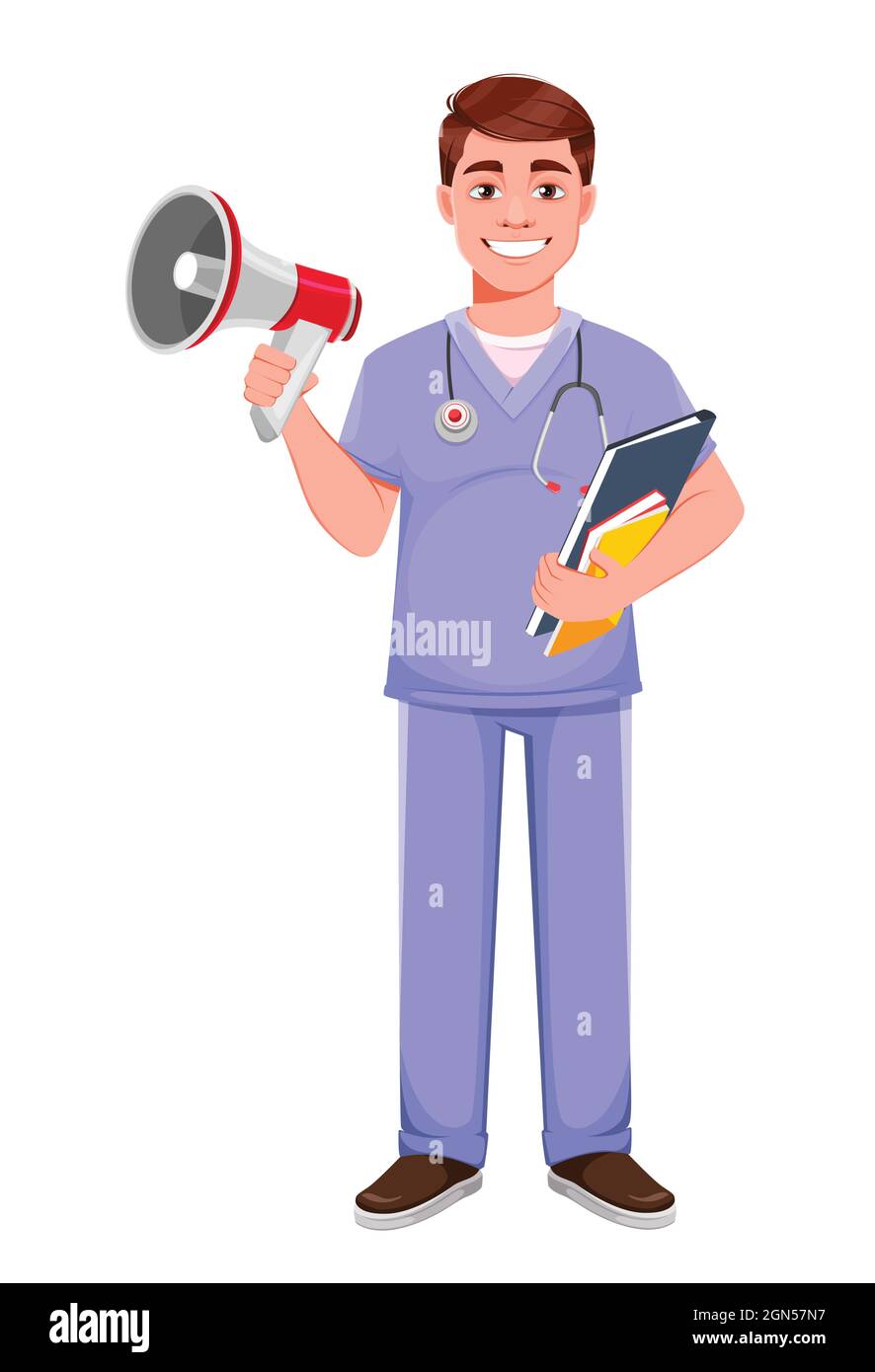 Bel medico in uniforme professionale. Medico maschile che fa annuncio con l'aiuto di altoparlante. Illustrazione del vettore di scorta su sfondo bianco Illustrazione Vettoriale