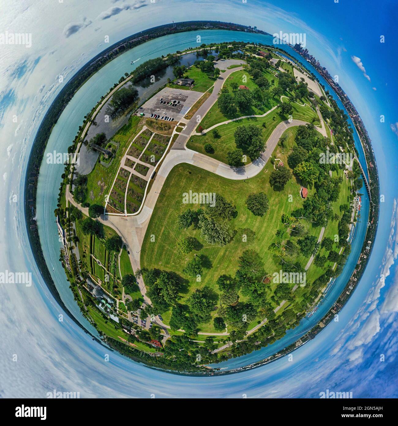 Belle Isle, Oudolf Garden Detroit e Detroit River Aerial, Wayne County, Michigan Foto Stock