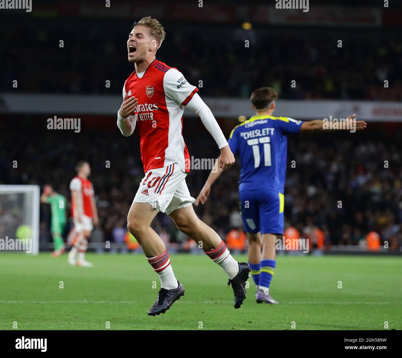 Londra, Inghilterra, 22 settembre 2021. Emile Smith Rowe of Arsenal celebra il suo secondo gol durante la partita della Carabao Cup all'Emirates Stadium di Londra. Il credito d'immagine dovrebbe leggere: David Klein / Sportimage Credit: Sportimage/Alamy Live News Foto Stock