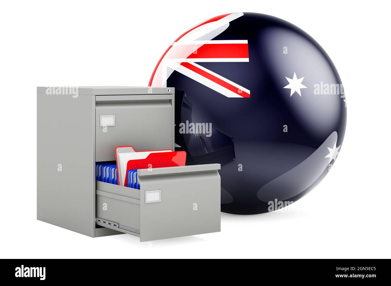 Database in Australia, Concept. Cartelle in archivio con bandiera australiana, rendering 3D isolato su sfondo bianco Foto Stock