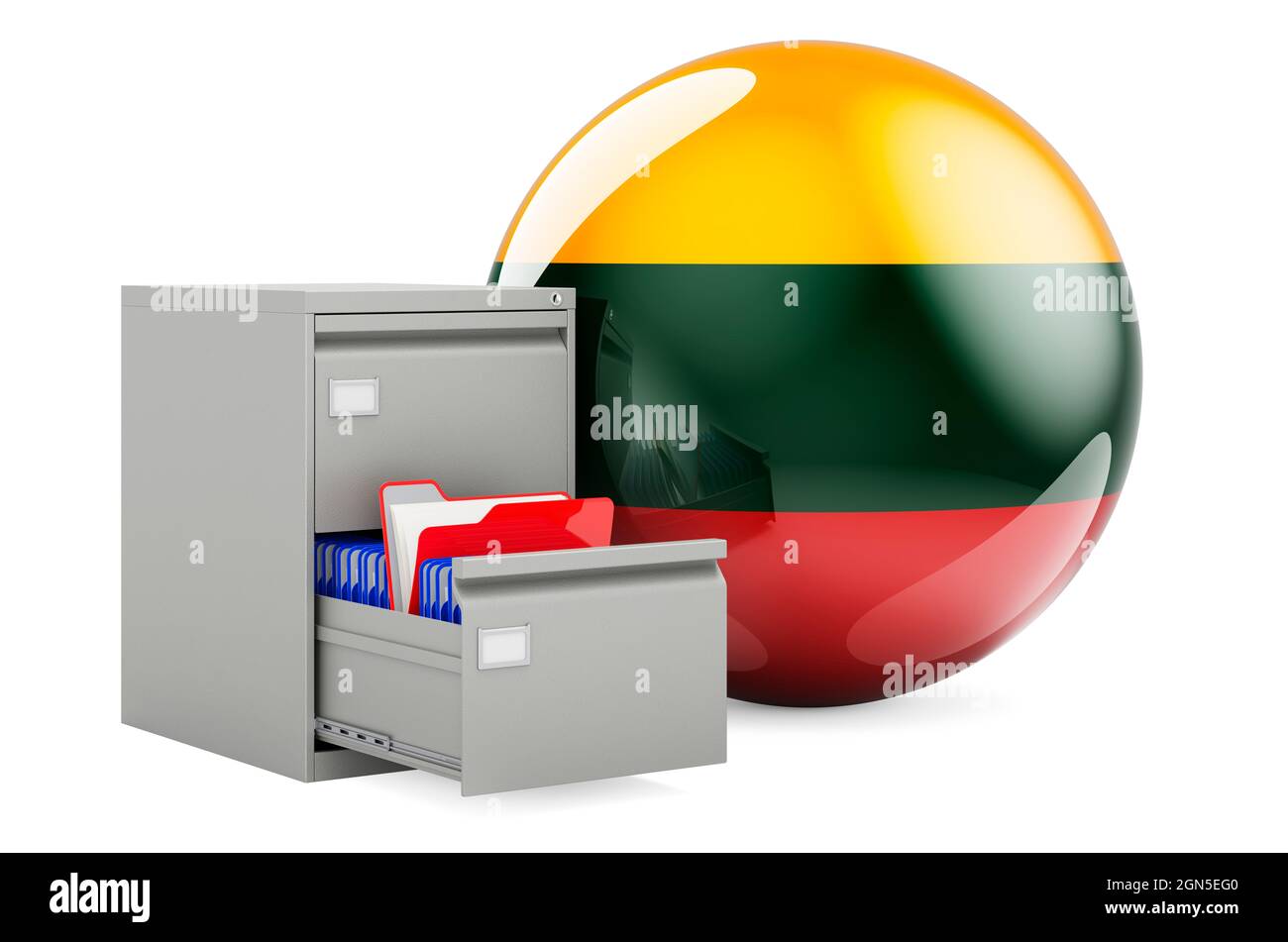 Database in Lituania, concetto. Cartelle in archivio con bandiera lituana, rendering 3D isolato su sfondo bianco Foto Stock