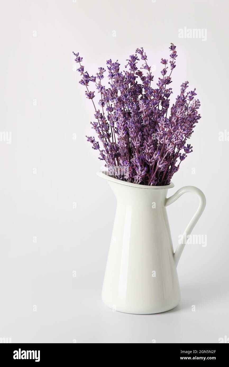 Caraffa con bellissimi fiori di lavanda su sfondo grigio Foto stock - Alamy