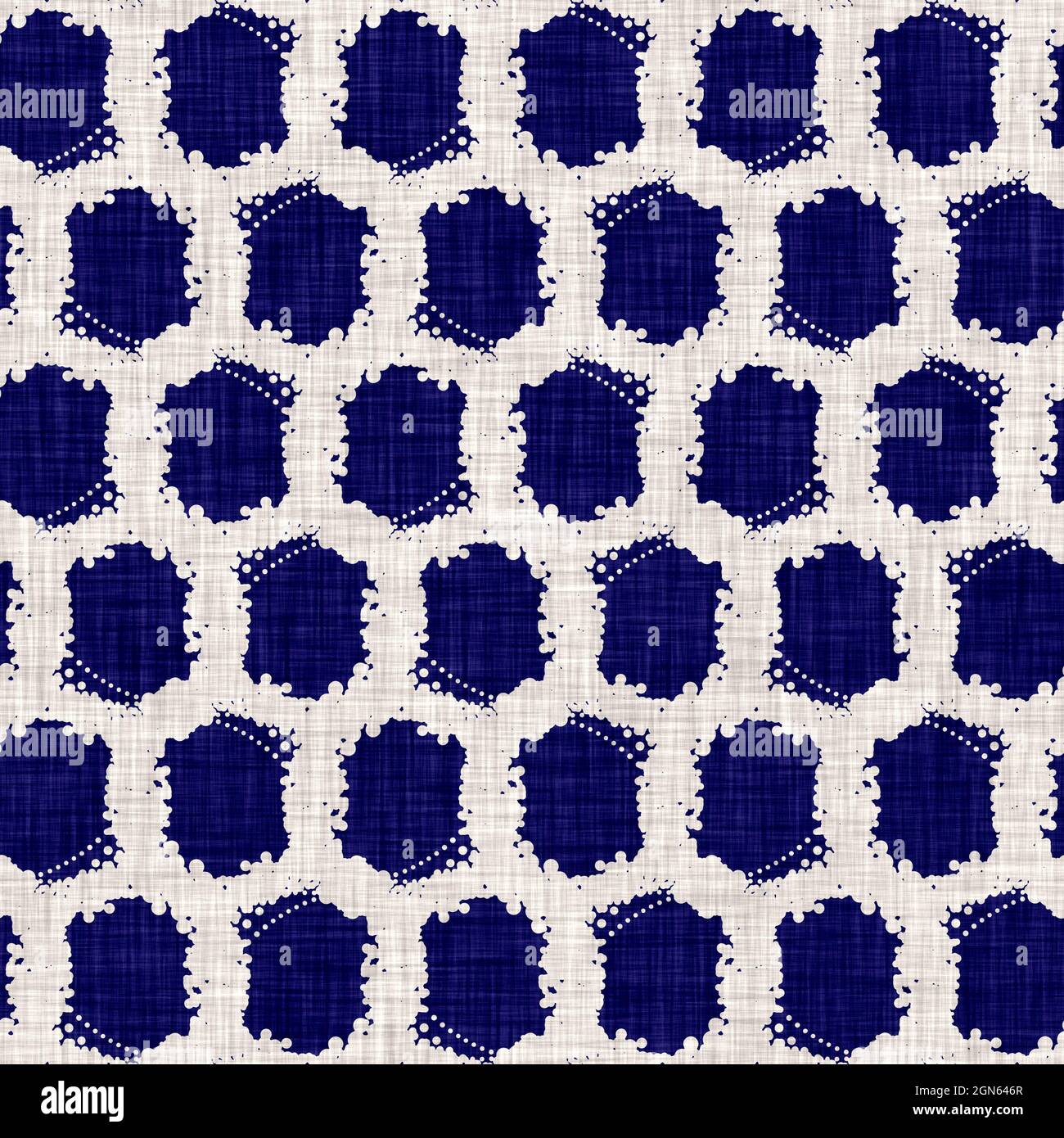 Texture indaco-cerchio senza cuciture. Sfondo blu effetto boro cotone tinto. Giappone ripetizione batik modello di resist. Stampe asiatiche stellato Foto Stock