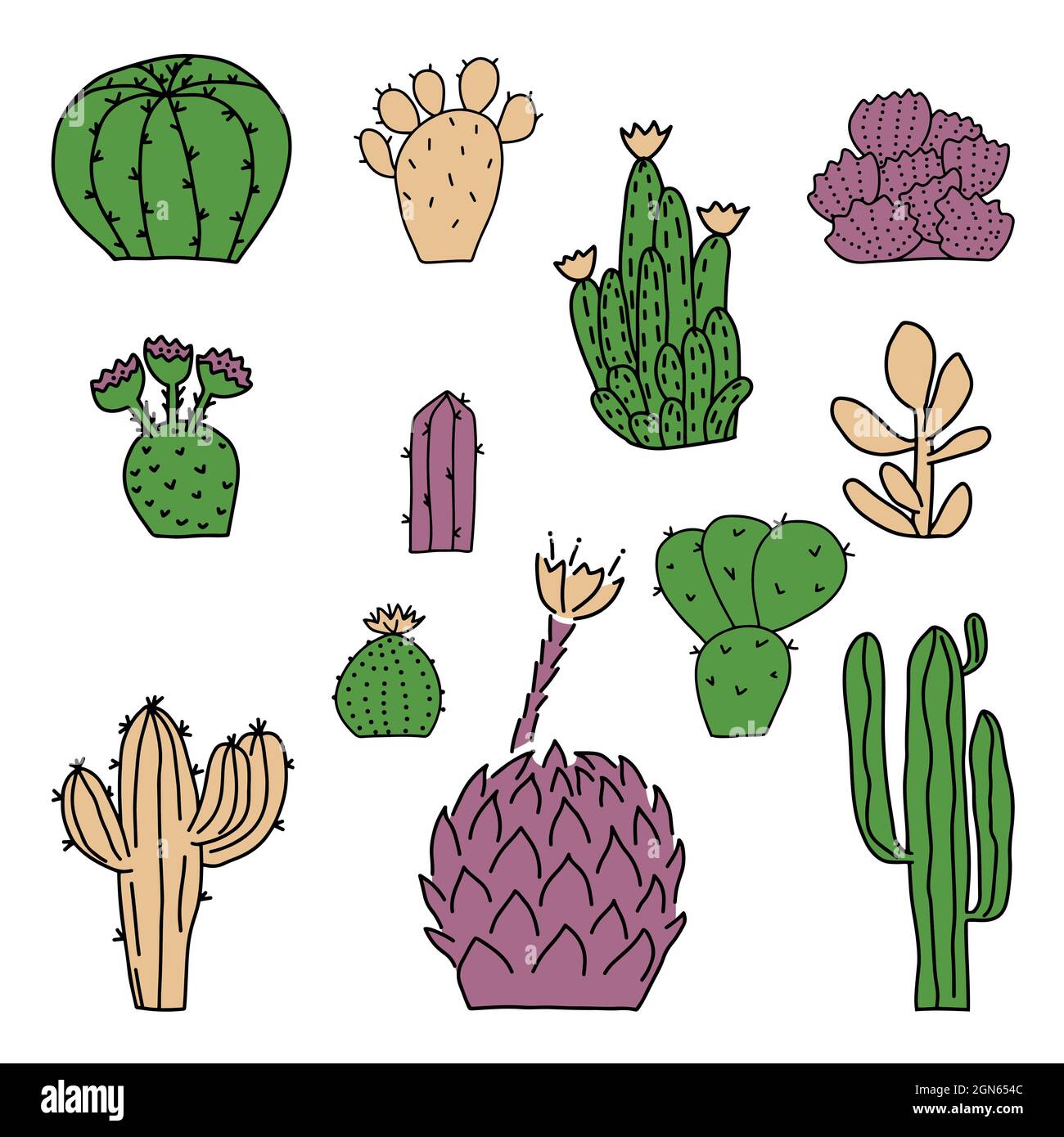 Cactuses Gruppo di contorno Cactuses disegnati a mano. Elementi Doodle per il design. Piante del deserto. Illustrazione vettoriale isolata su sfondo bianco Illustrazione Vettoriale