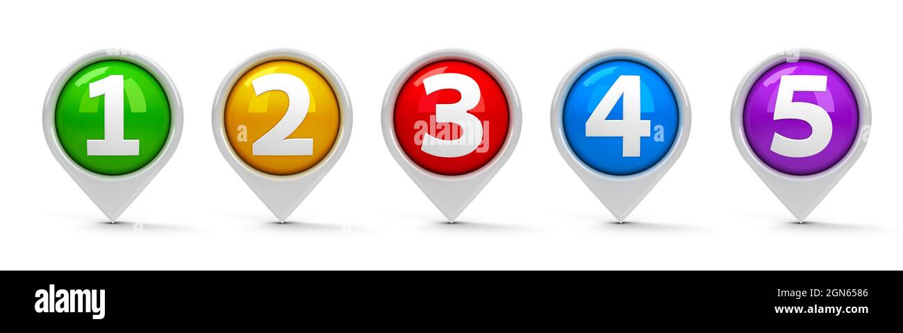 Indicatori mappa con numeri 1, 2, 3, 4, 5 (uno, Due, tre, quattro, cinque) isolati su sfondo bianco, rendering tridimensionale, illustrazione 3D Foto Stock