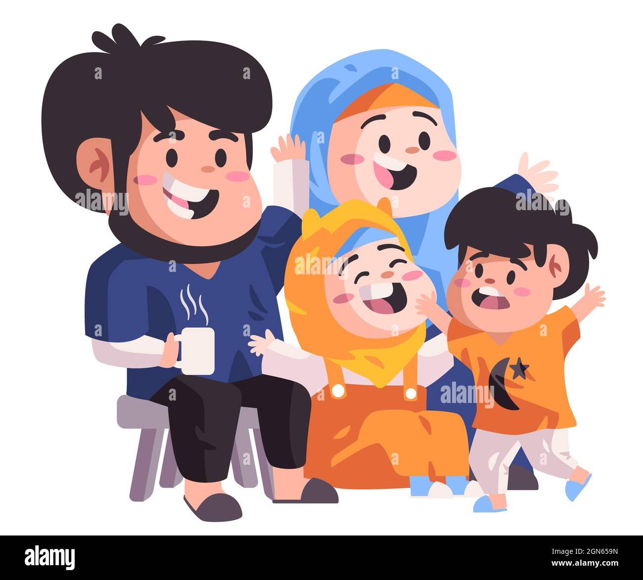 Famiglia musulmana seduta in divano e fare ridere e scherzare in soggiorno felice sorridente Islam moderno appartamento colore isolato vettore design Illustrazione Vettoriale