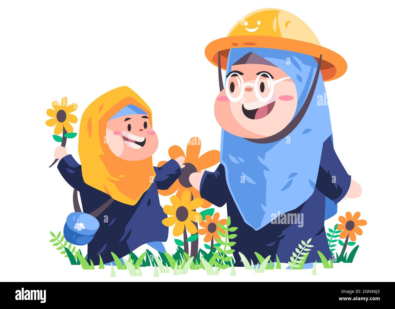 madre musulmana e ragazza con hijab blu è giardinaggio girasole in giardino che indossa hijab scarf vettore design Illustrazione Vettoriale