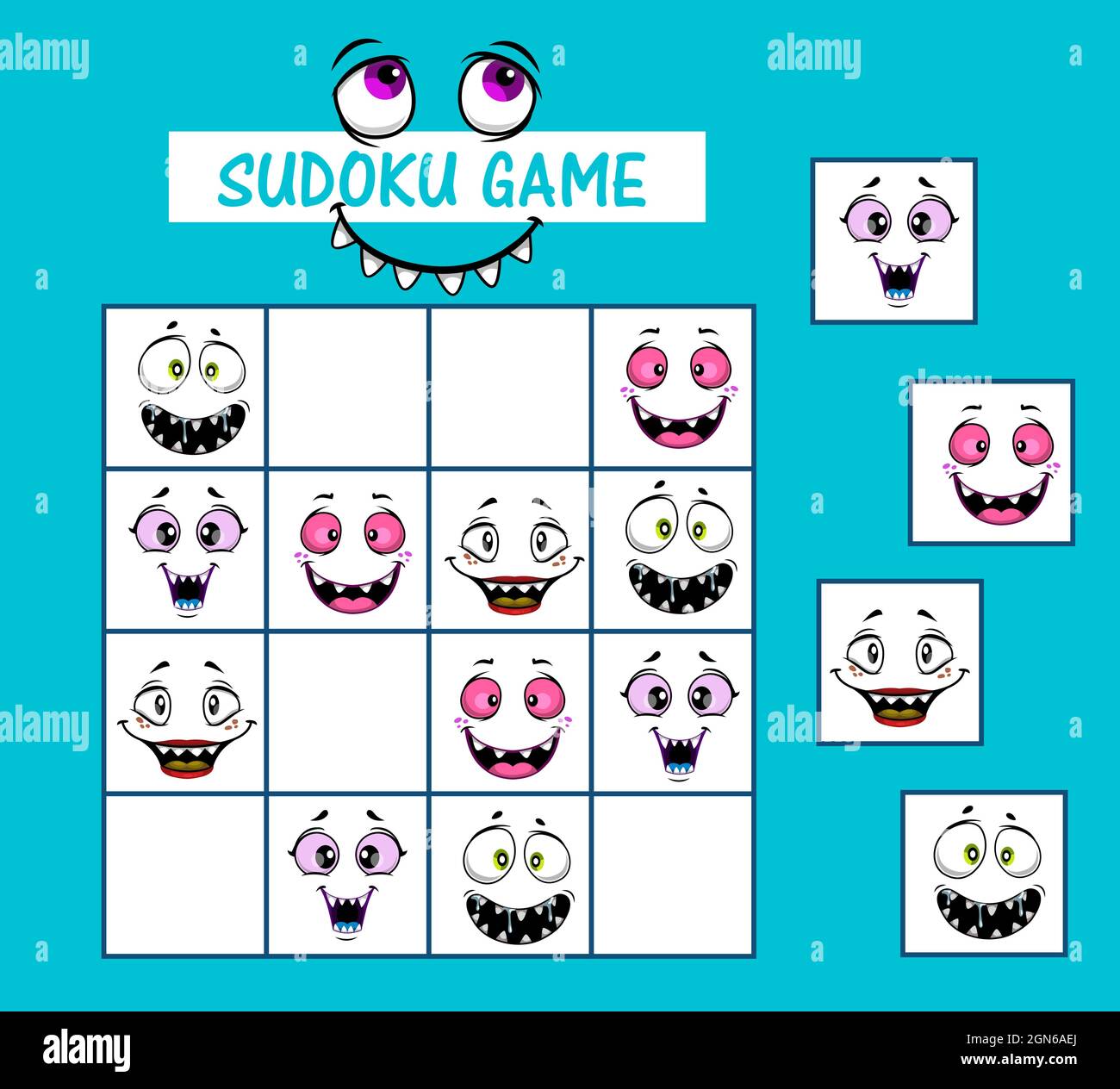Sudoku gioco di bambini riddle vettoriale con fumetti divertenti volti e mostro mazzle a bordo. Giochi di logica per bambini, attività educativa, attività scolastica o prescolare, attività ricreative per il tempo libero, gioco da tavolo con carte Illustrazione Vettoriale