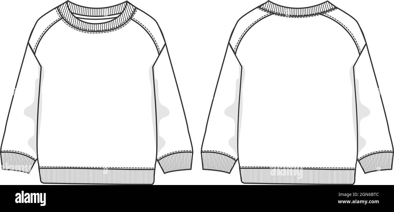 Felpa moda flat sketch vettoriale Illustrazione modello vista frontale e posteriore. L'abbigliamento in maglia maglione è un modello CAD. Modifica semplice e personalizzabile. Illustrazione Vettoriale