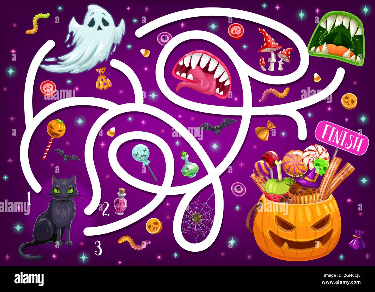Giochi di labirinto per bambini con personaggi di Halloween e bocche di mostri. Vettore labirinto puzzle trovare corretto modo gioco da tavolo. Compito con percorso aggrovigliato, zucca, fantasma. Educazione dei bambini indovinello, attività prescolare Illustrazione Vettoriale