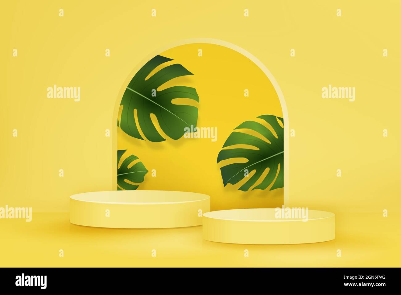 2 gradini podio mockup su sfondo giallo estate con foglie di monstera verde per la visualizzazione del prodotto, illustrazione vettoriale Illustrazione Vettoriale