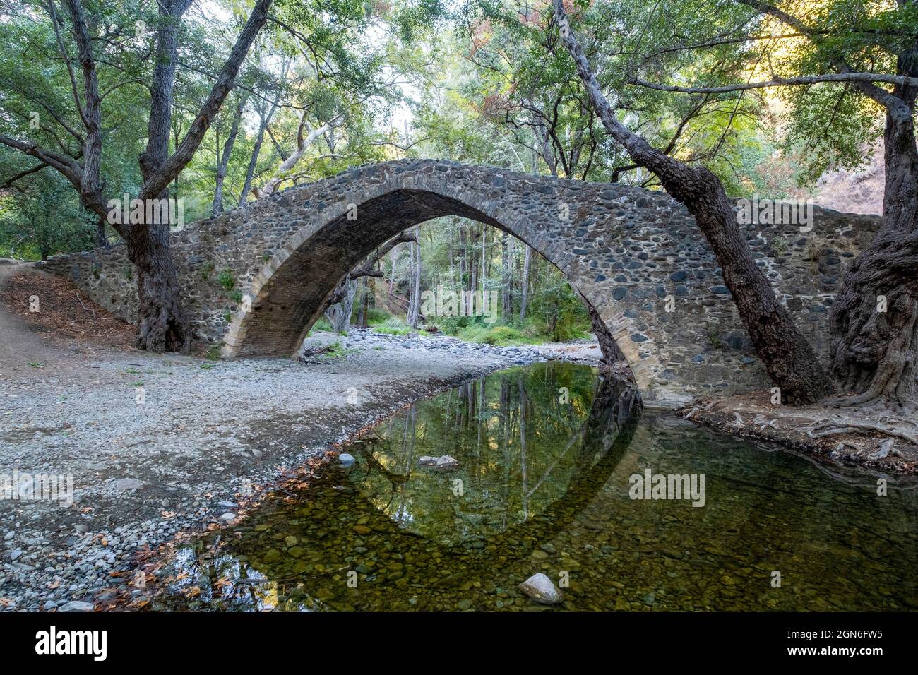 Ponte di Kelefos Ponte veneziano medievale che attraversa il fiume Dhiarizos nella foresta di pafos, distretto di Limassol, Cipro Foto Stock