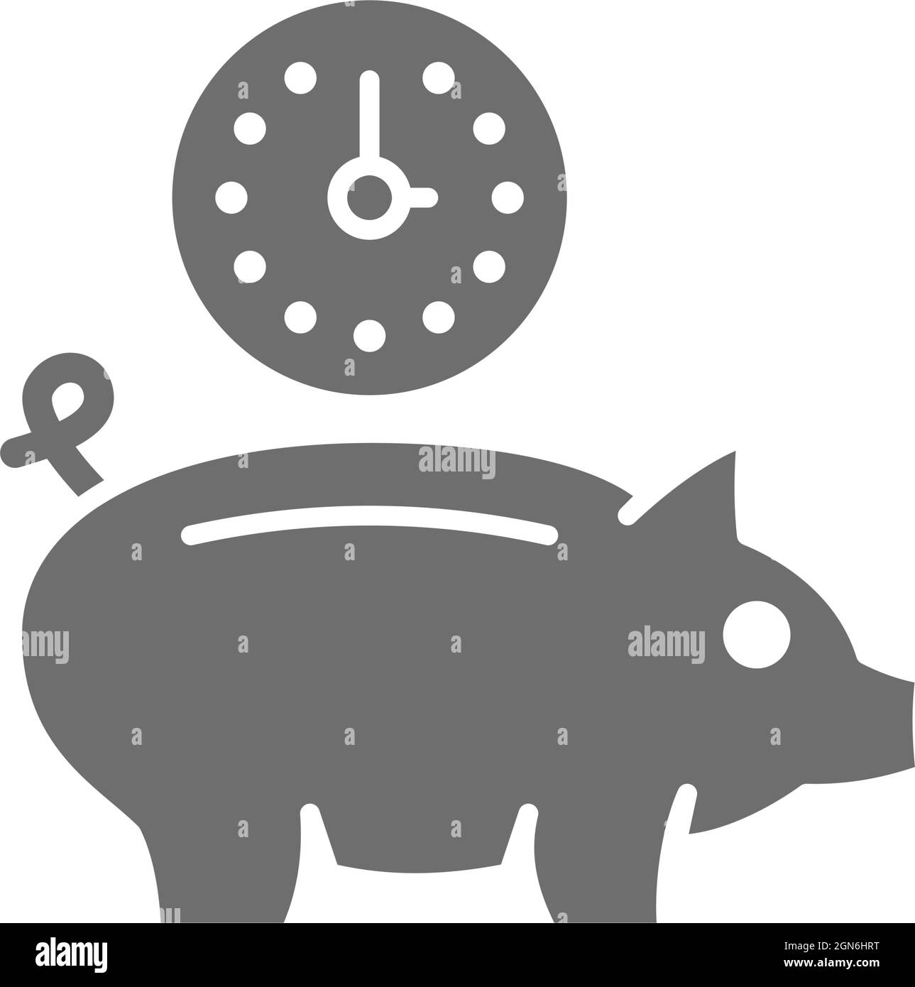 Orologio con Piggy banca, investimenti, debito, risparmiare tempo icona grigia. Illustrazione Vettoriale