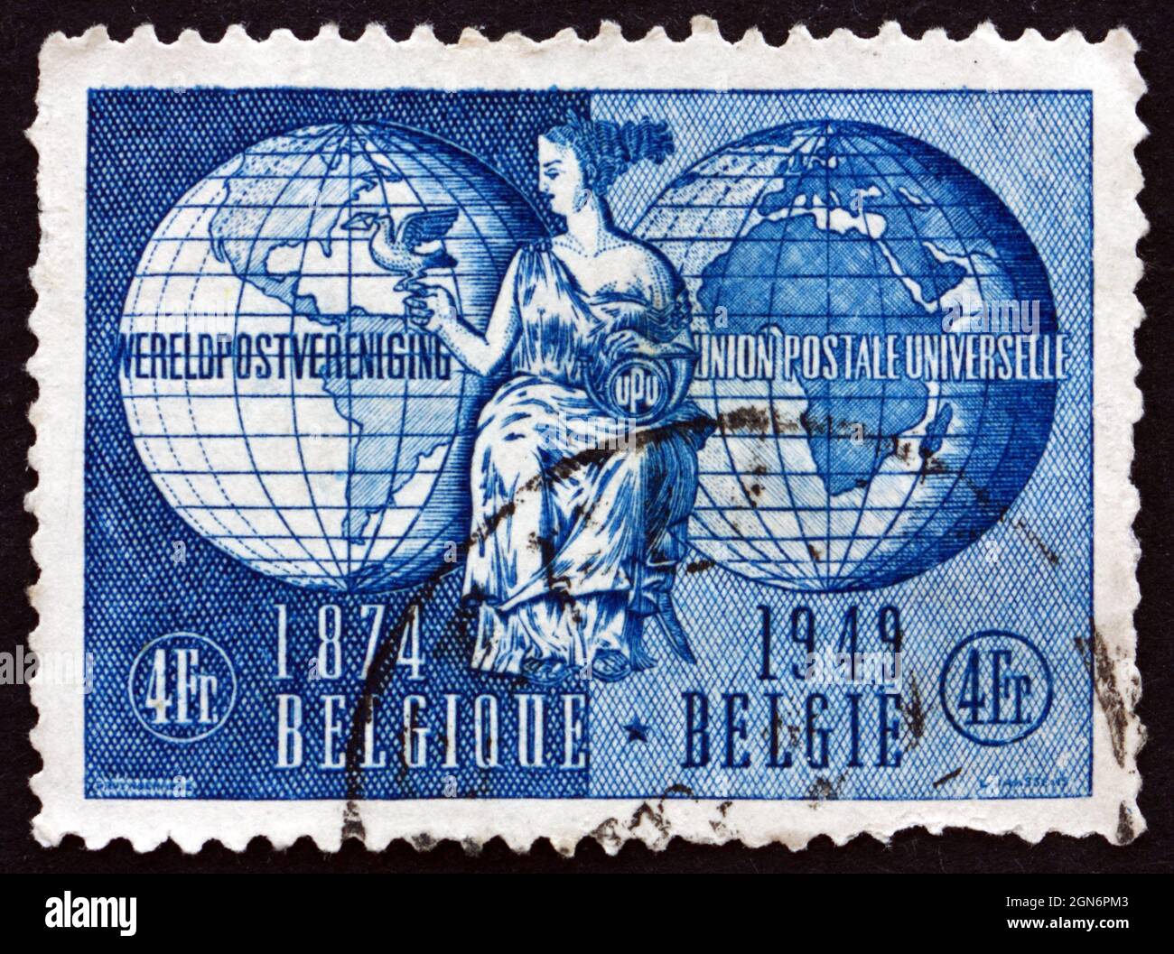 BELGIO - CIRCA 1949: Un timbro stampato in Belgio mostra l'allegoria dell'UPU (Unione postale universale), circa 1949 Foto Stock