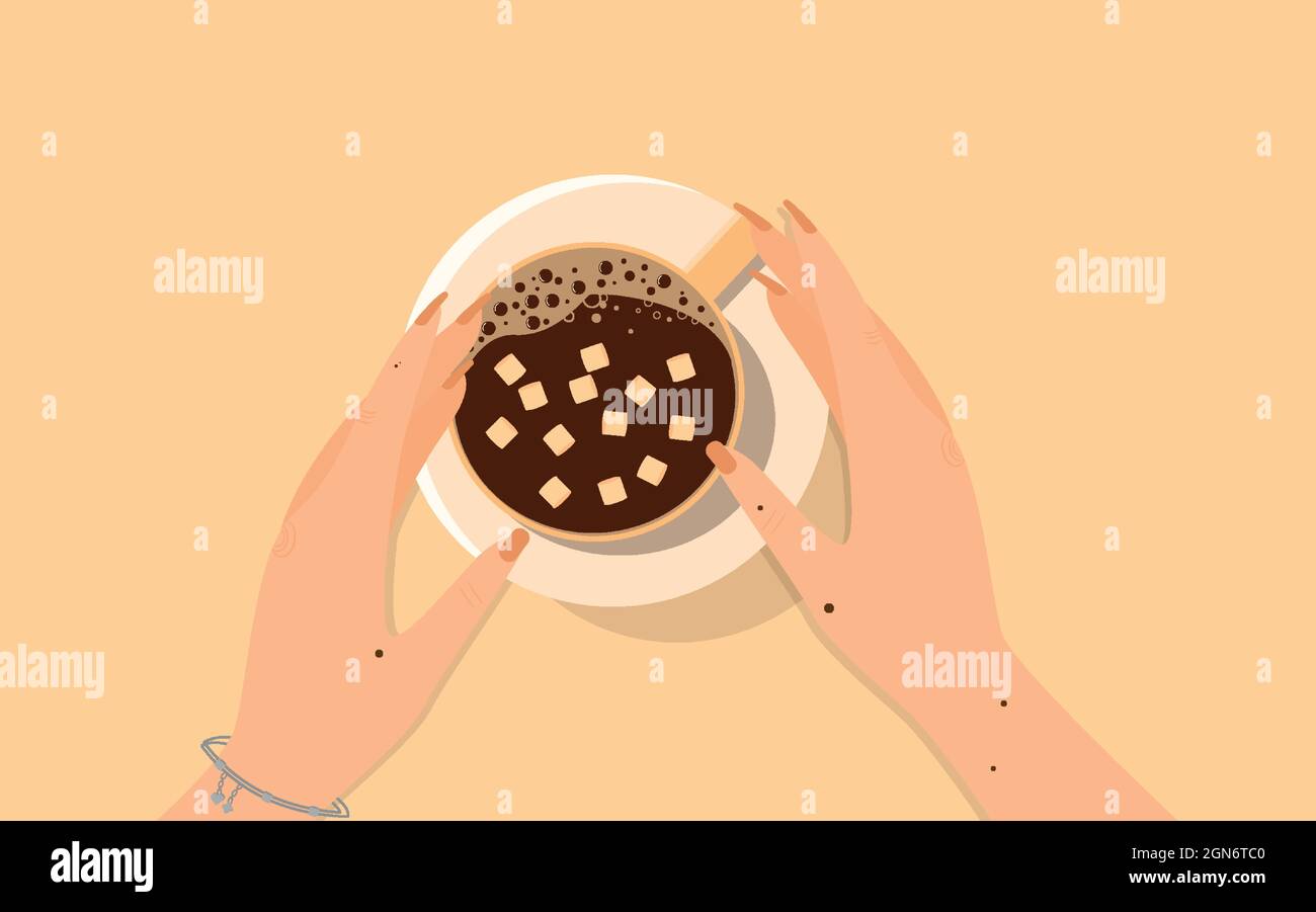 Coffee Break Cup of Coffee Marshmallow Girl Hands Hot drink Top View Illustrazione Vettoriale