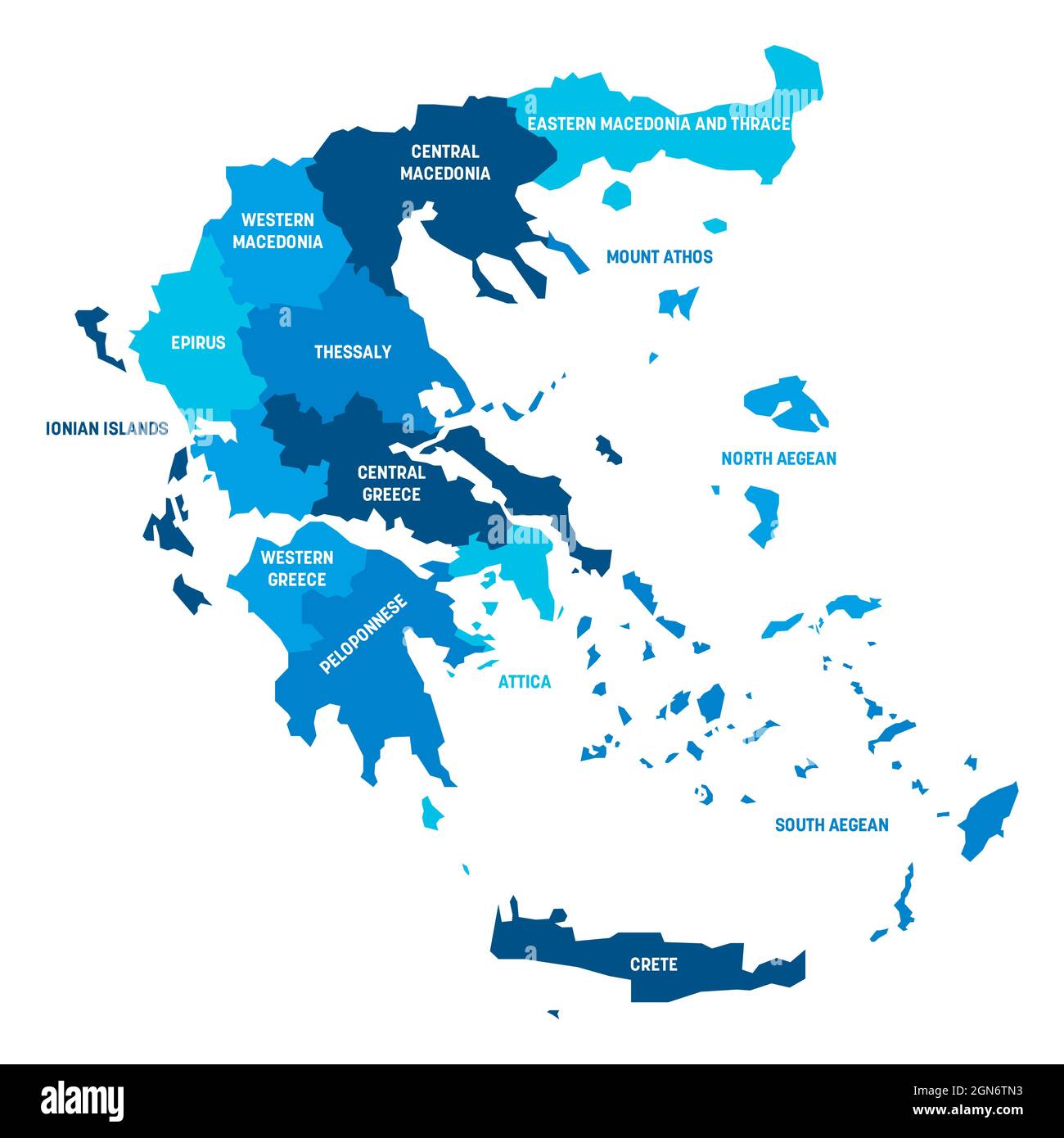 Mappa politica blu della Grecia. Divisioni amministrative - amministrazioni decentrate. Semplice mappa vettoriale piatta con etichette. Illustrazione Vettoriale