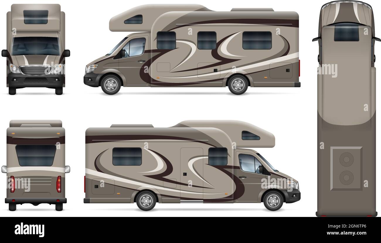 RV Motorhome Vector mockup su bianco per il branding dei veicoli, identità aziendale. Tutti gli elementi dei gruppi su livelli separati per una facile modifica Illustrazione Vettoriale