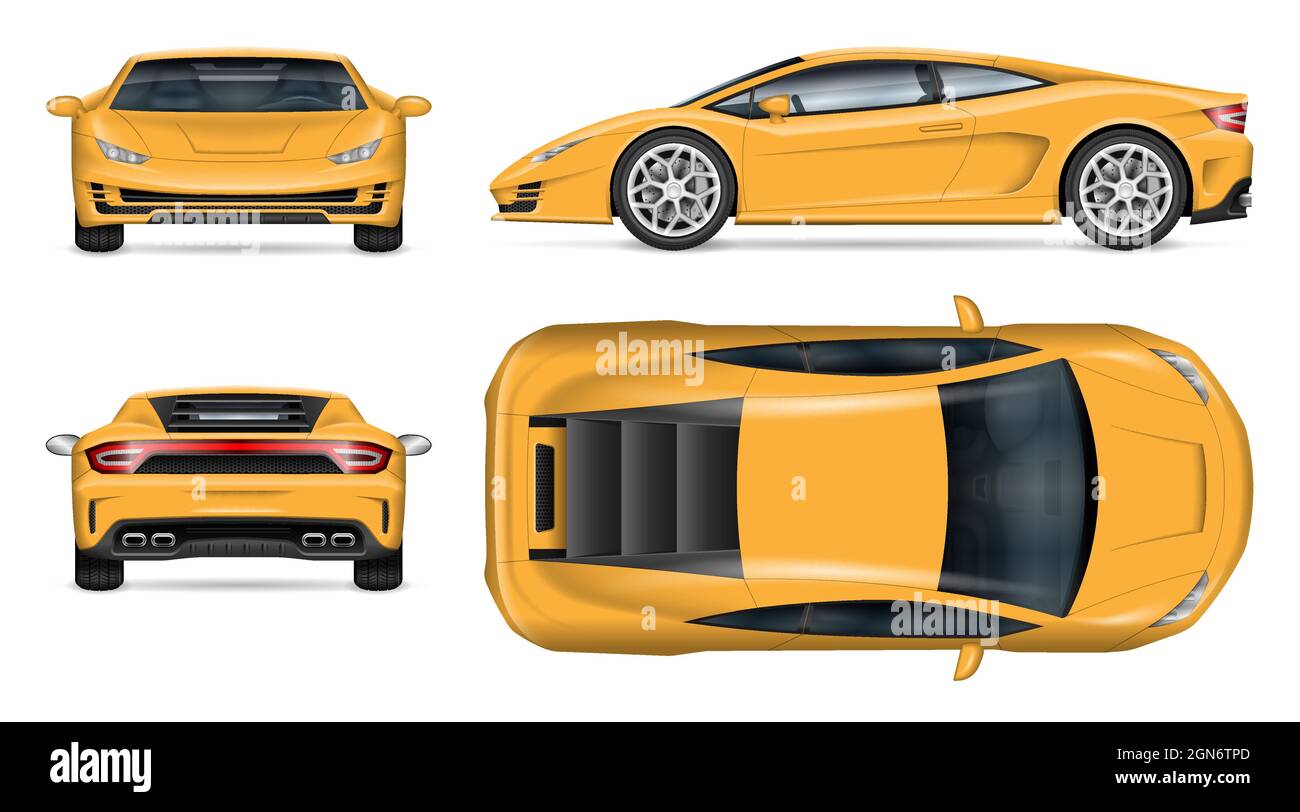 Super sports car vettoriale mockup su bianco per il marchio del veicolo, l'identità aziendale. Tutti gli elementi dei gruppi su livelli separati per una facile modifica Illustrazione Vettoriale