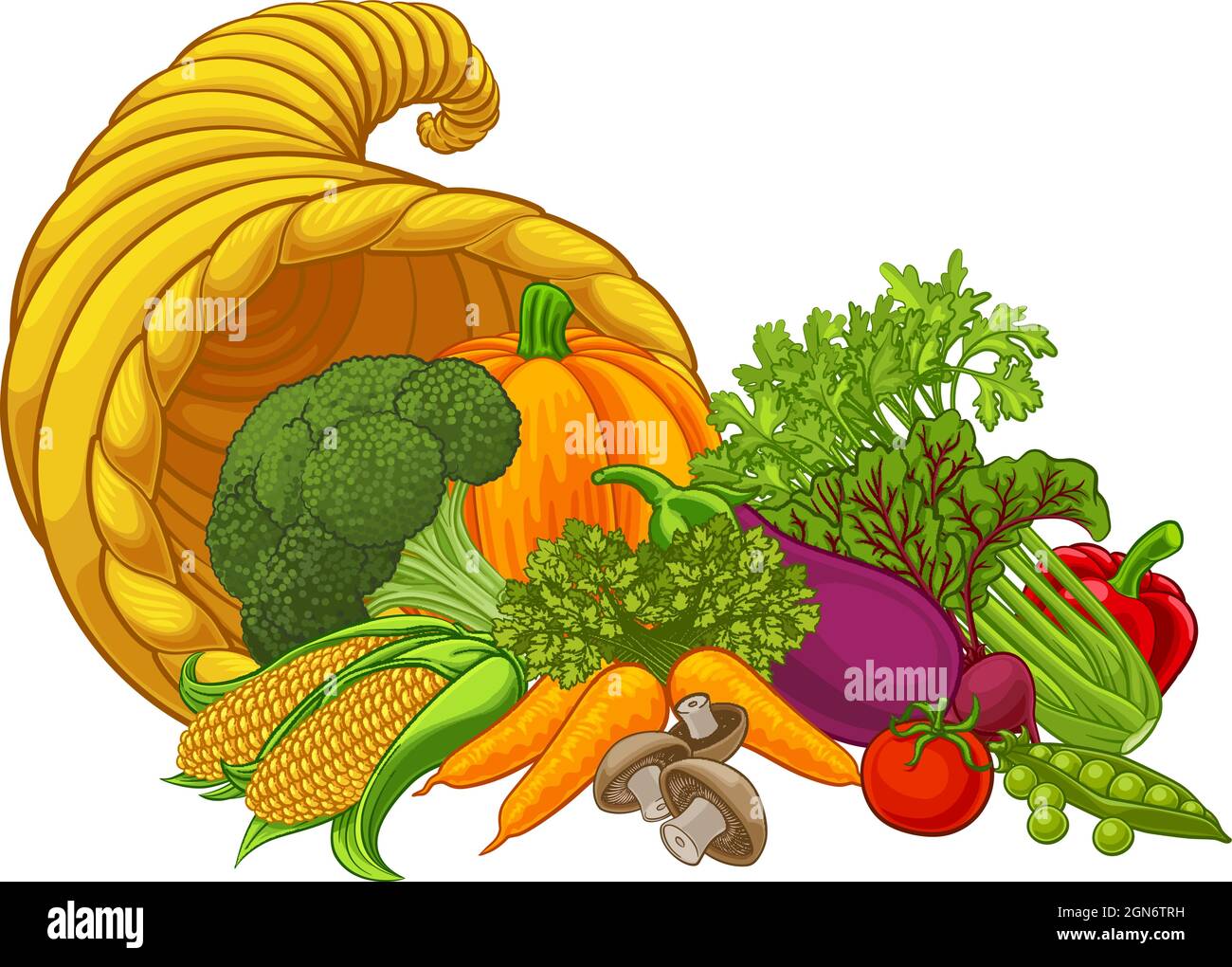 Cornucopia Corno d'oro di verdure abbondanti Cartoon Illustrazione Vettoriale