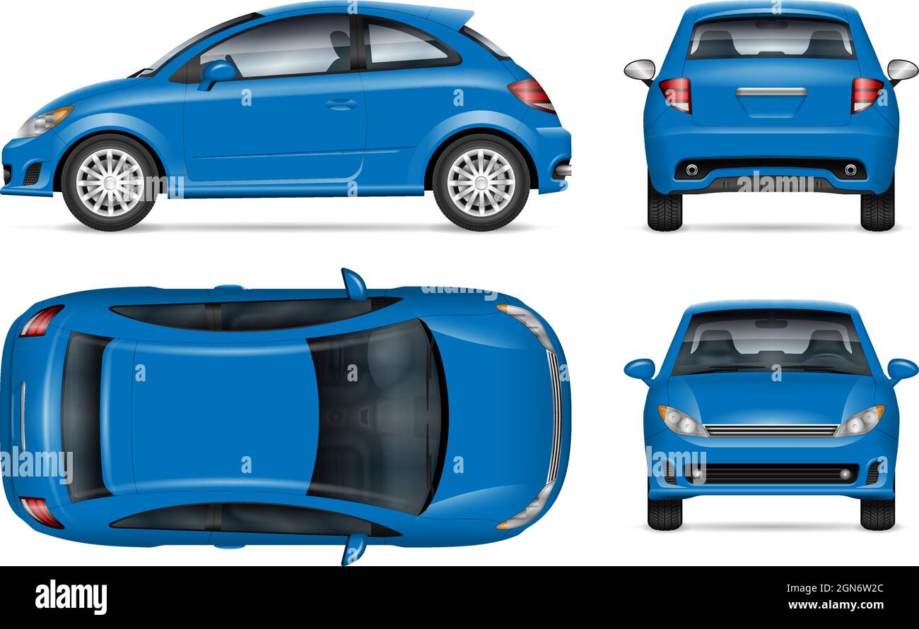 Mockup vettore auto blu su sfondo bianco per il branding del veicolo, identità aziendale. Tutti gli elementi dei gruppi su livelli separati per una facile modifica Illustrazione Vettoriale