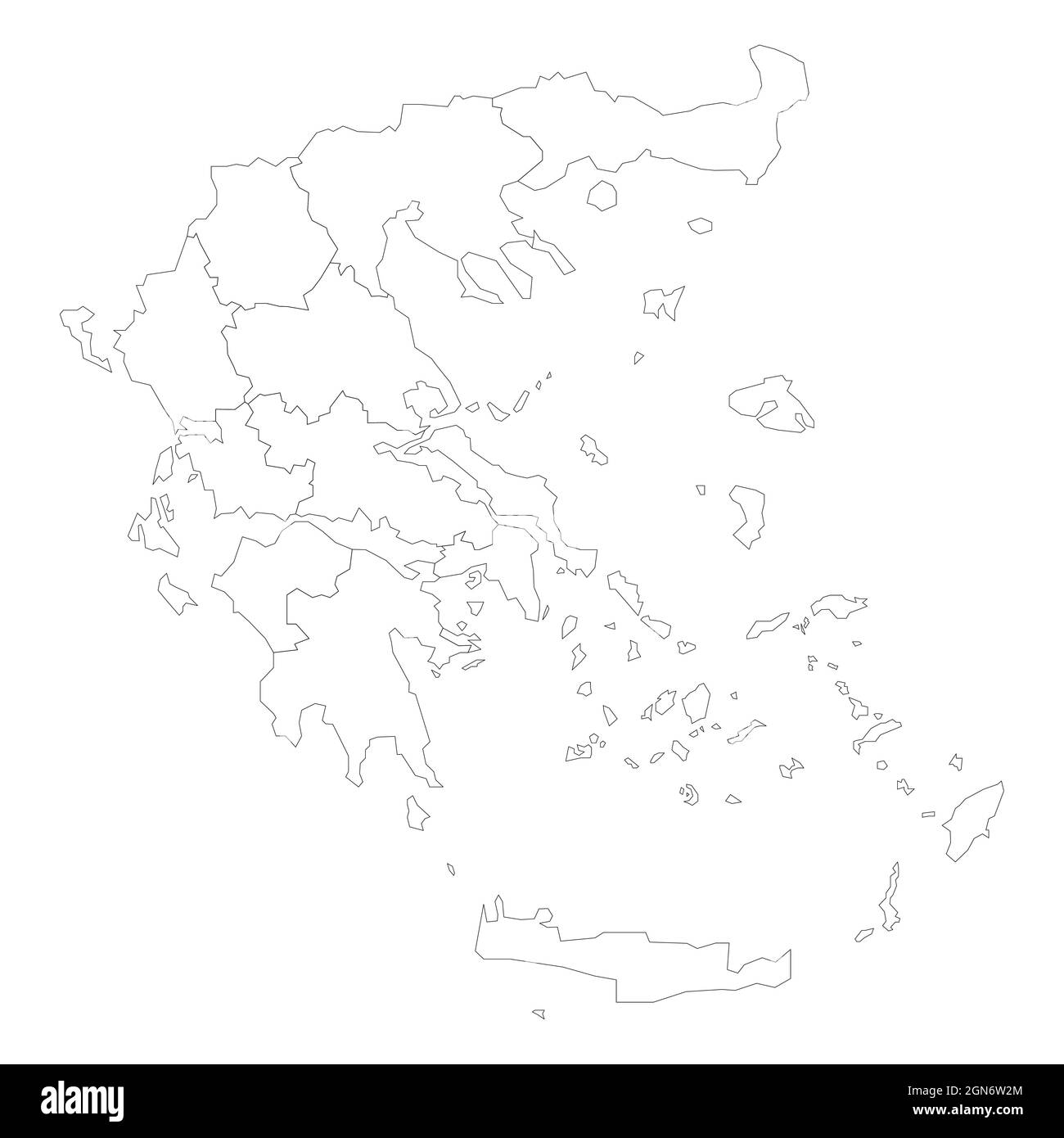 Carta politica della Grecia. Divisioni amministrative - amministrazioni decentrate. Semplice mappa vettoriale a contorno nero vuota piatta Illustrazione Vettoriale