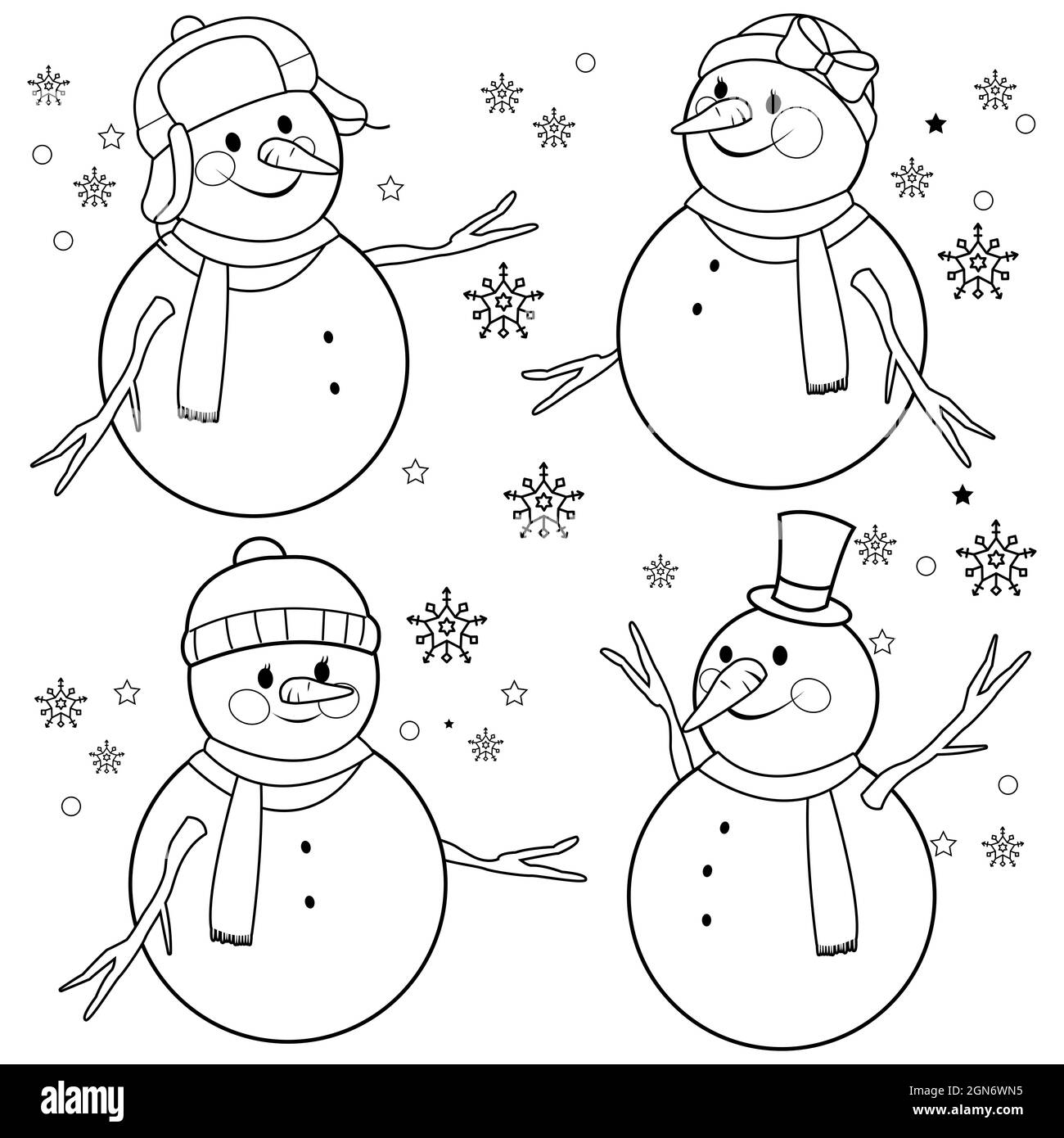 Pupazzi di neve con cappelli e sciarpe invernali. Pagina da colorare in  bianco e nero Foto stock - Alamy
