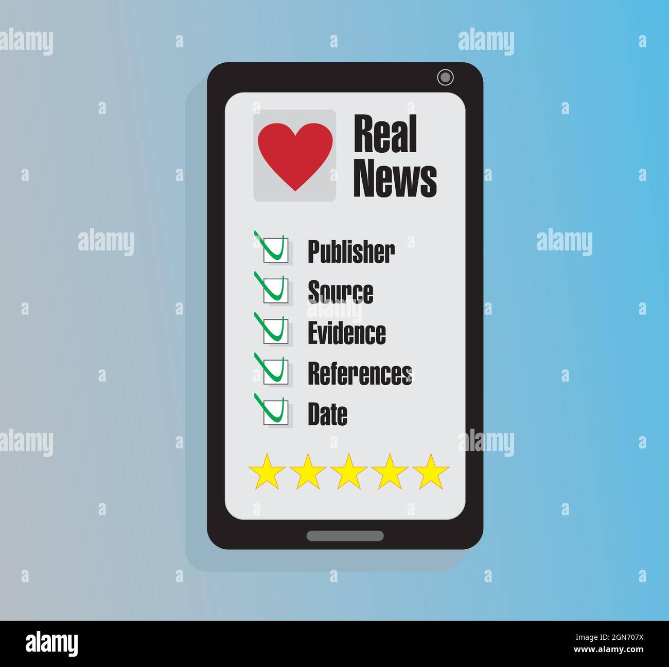 Mobile con cuore e testo Real News. Lista con che cosa controllare per non credere nelle notizie false. Illustrazione vettoriale. EPS10. Illustrazione Vettoriale
