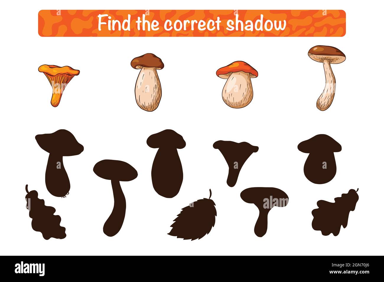 Trova il gioco educativo corretto dell'ombra del fungo commestibile per i bambini. Attività di abbinamento silhouette per bambini con funghi. Puzzle prescolare. Foglio di lavoro didattico. Vettore Premium Illustrazione Vettoriale
