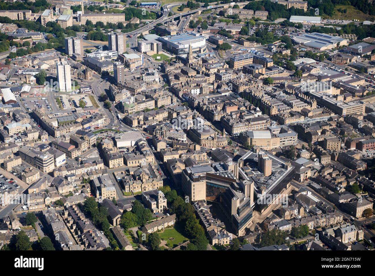 Una fotografia aerea di Halifax Town Center, West Yorkshire, Northern England, UK Foto Stock