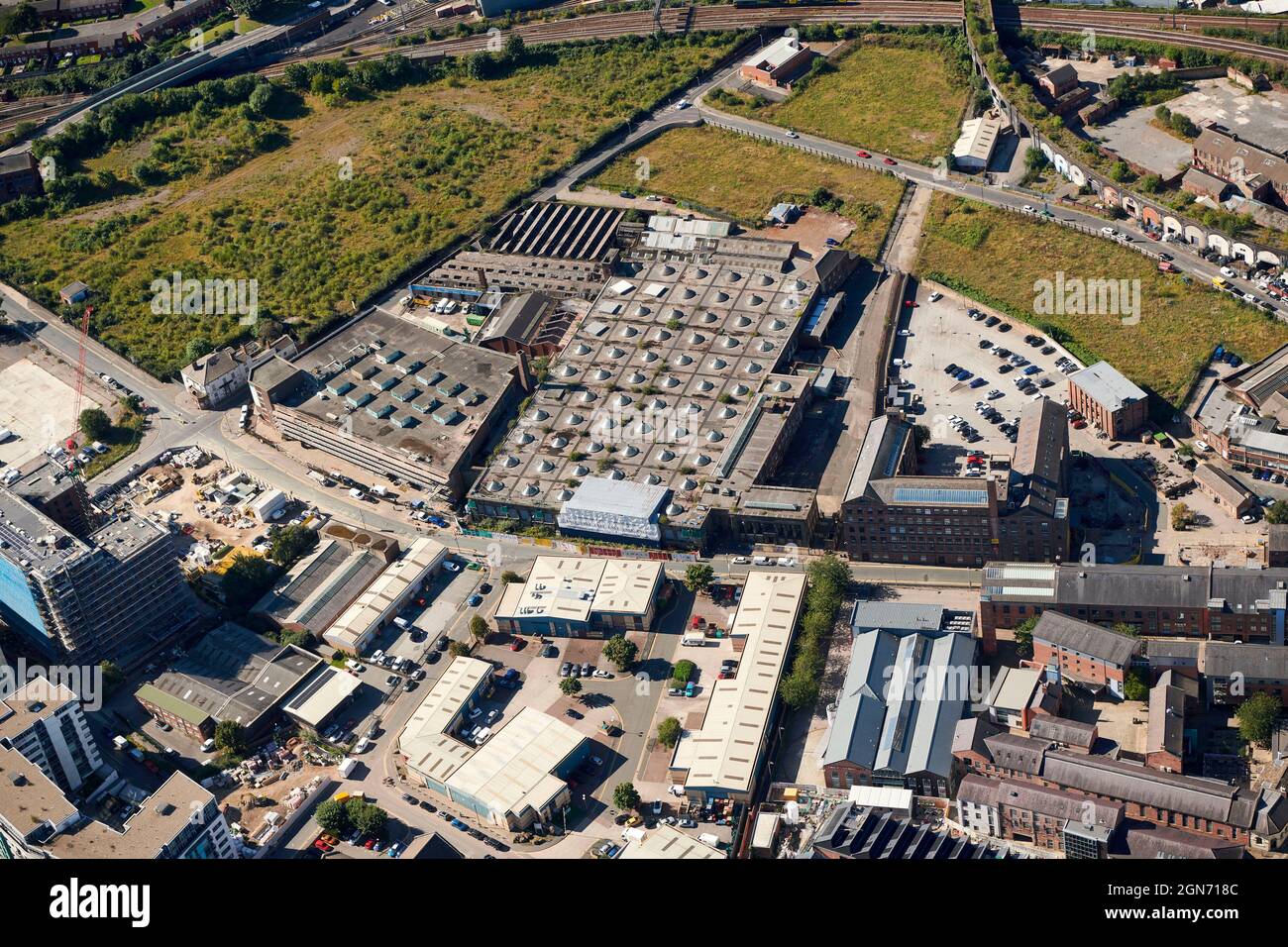 Una fotografia aerea dell'area di Holbeck che mostra Temple Mills, Leeds, West Yorkshire, Northern England, UK Foto Stock