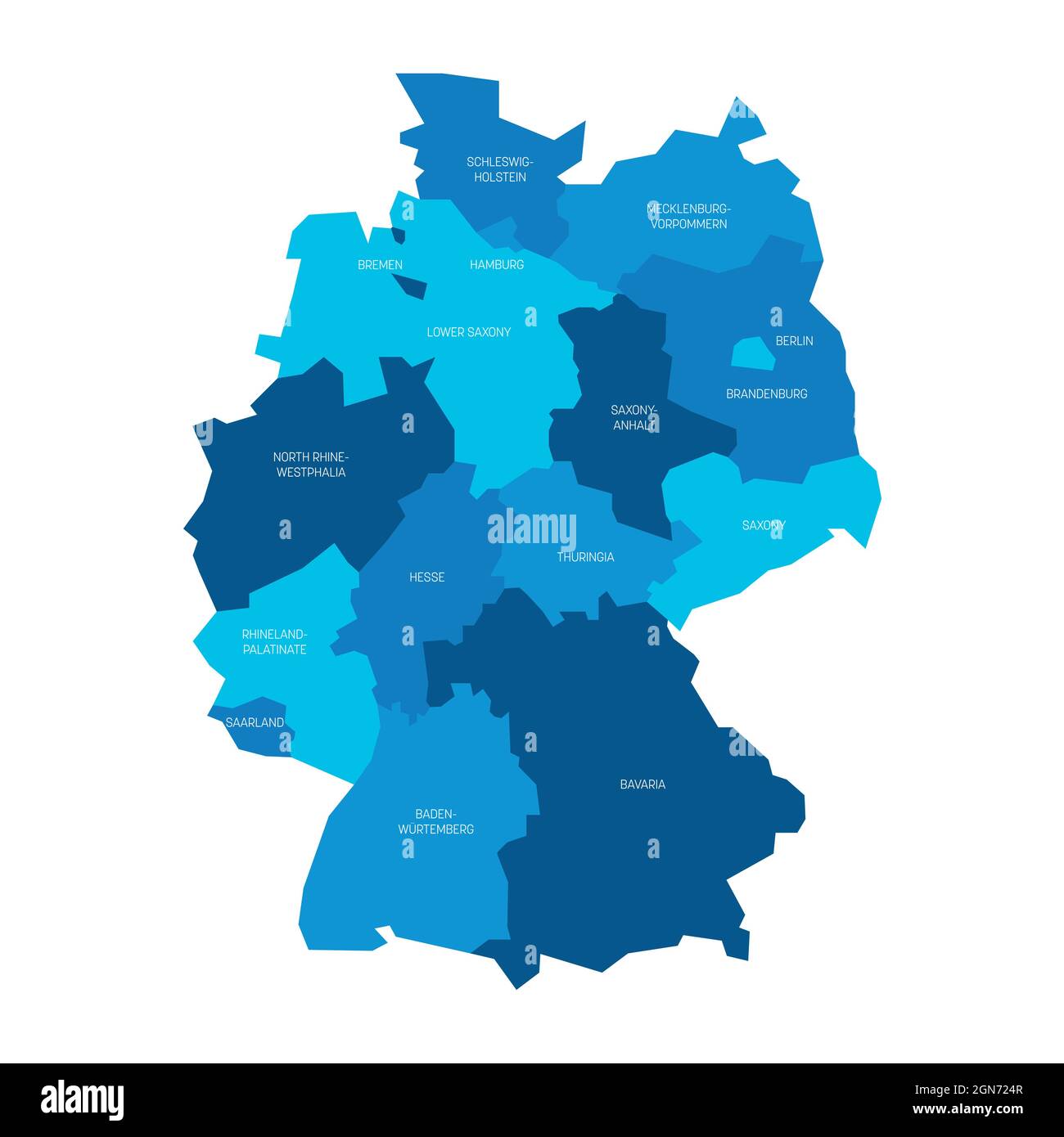 Mappa politica blu della Germania. Divisioni amministrative - Stati federali e 3 città-stati - Berlino, Brema e Amburgo. Semplice mappa vettoriale piatta con etichette Illustrazione Vettoriale