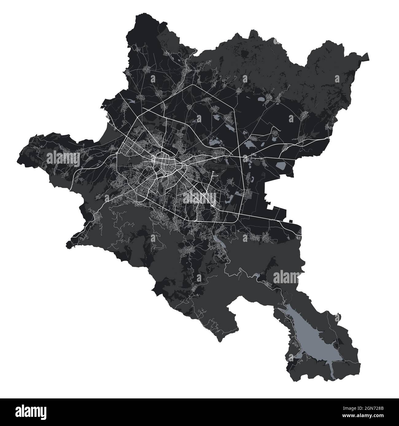 Mappa di Sofia. Mappa vettoriale dettagliata dell'area amministrativa della città di Sofia. Paesaggio urbano poster vista aria metropolitana. Terra nera con strade bianche, strade e AV Illustrazione Vettoriale