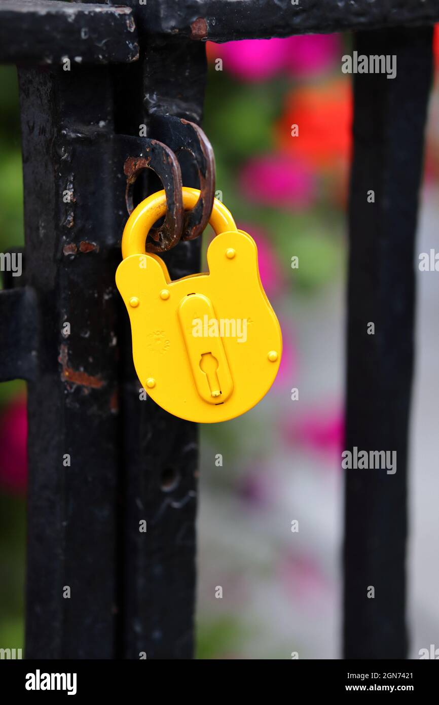 Lucchetto giallo sul cancello nero Foto Stock