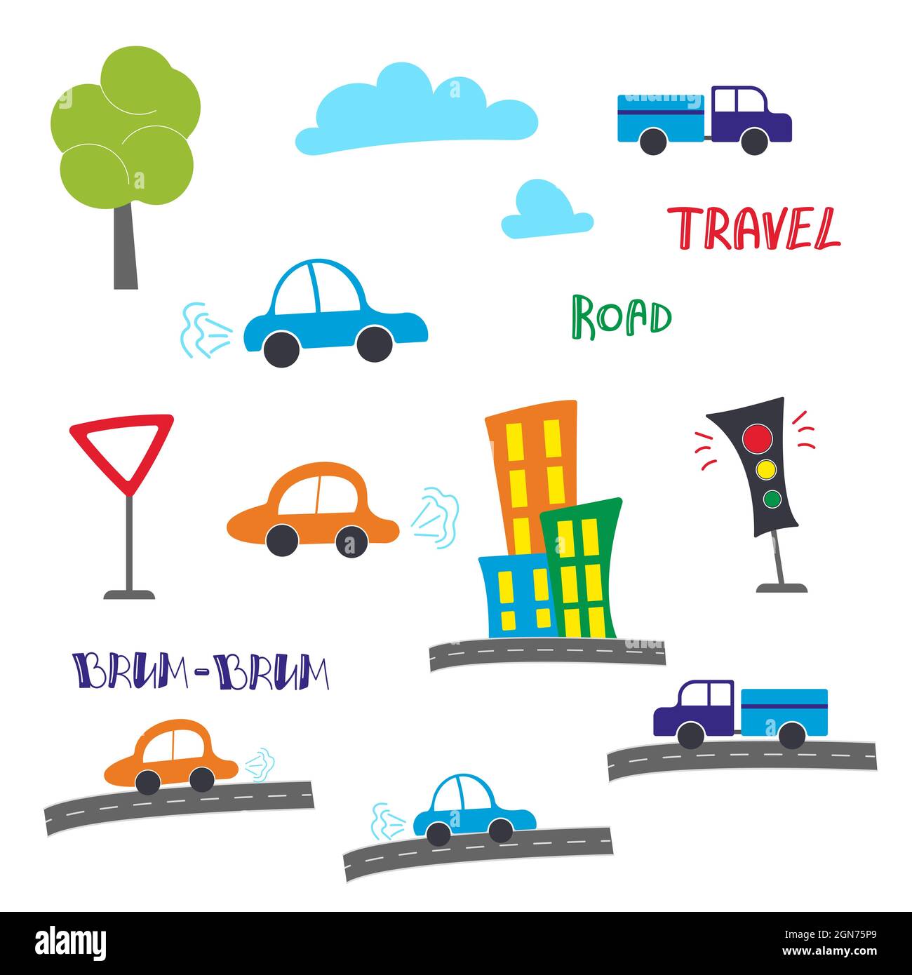 Tema del trasporto con auto. Set di icone simpatiche e colorate isolate su sfondo bianco Illustrazione Vettoriale