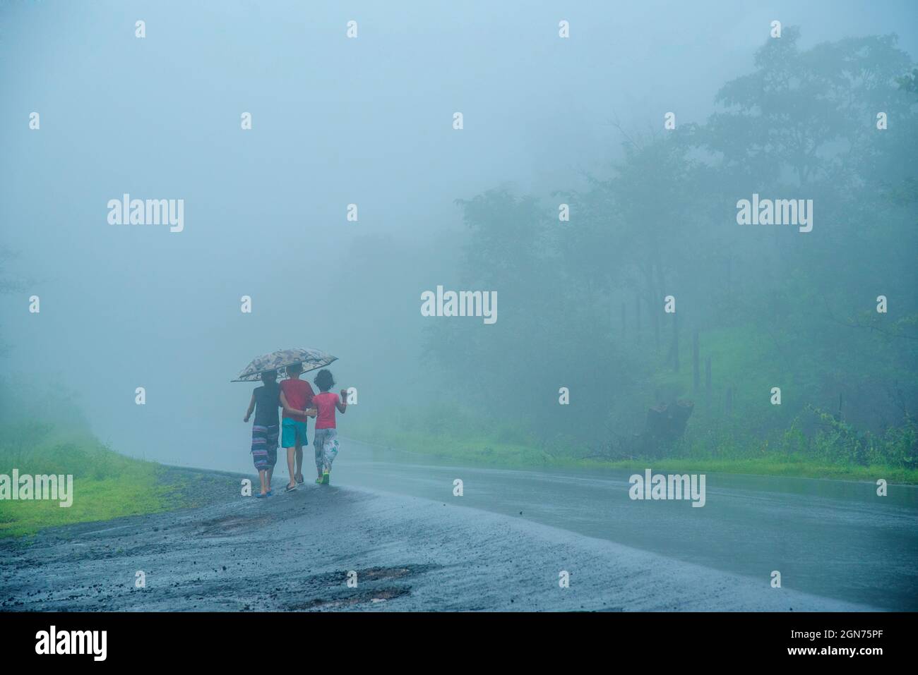 Tre amici che godono di bella natura Foto Stock