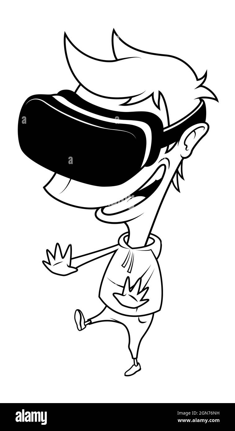 Ragazzo che indossa occhiali di realtà virtuale divertirsi, giocando a vr gioco. Illustrazione di una linea di cartoni animati su sfondo bianco. Illustrazione Vettoriale