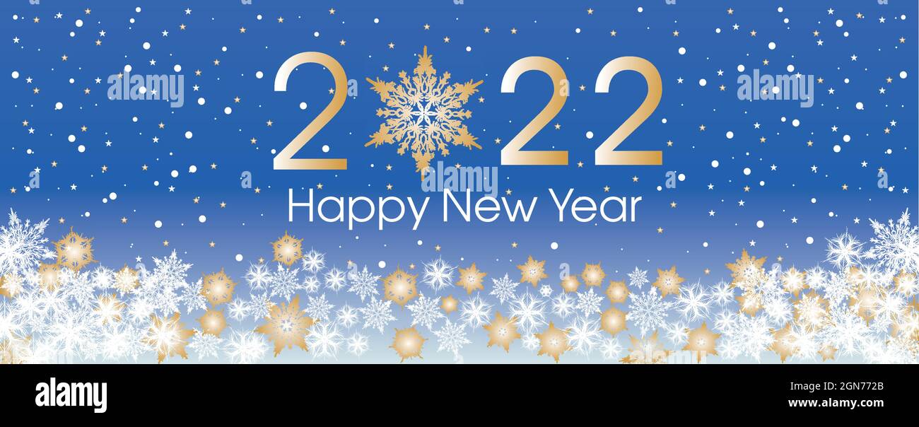2022 modello di tessera Happy New Year. Design patern fiocchi di neve di colore bianco e blu classico. Illustrazione vettoriale. Illustrazione Vettoriale