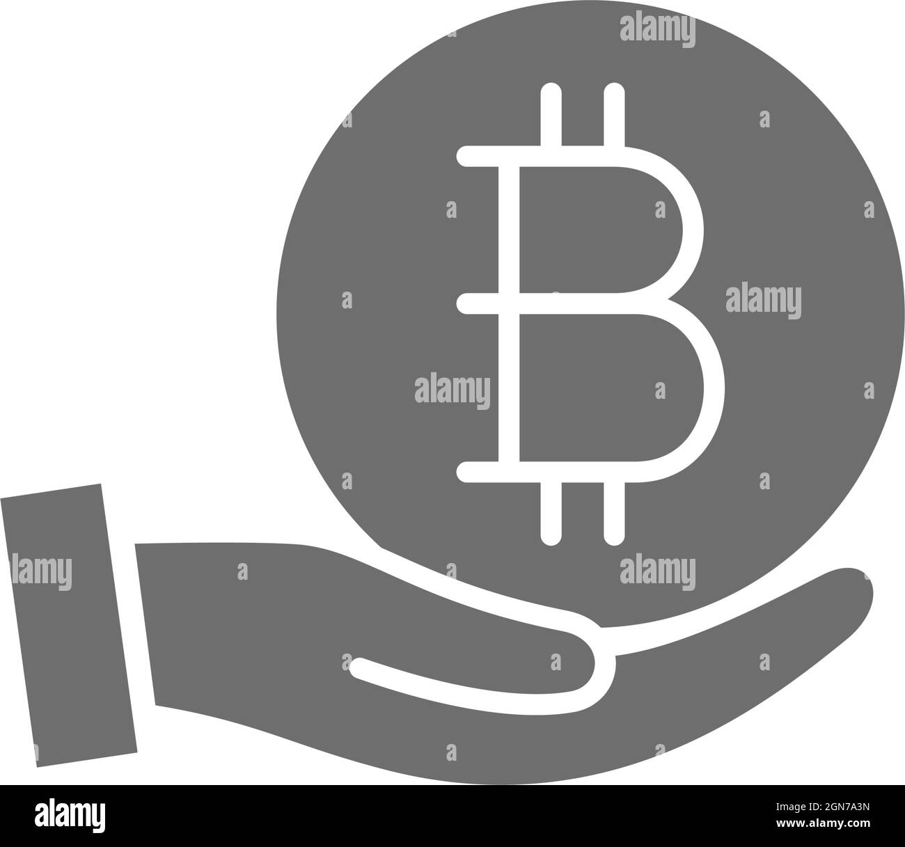 Mano con moneta bitcoin, icona grigia criptovaluta. Illustrazione Vettoriale