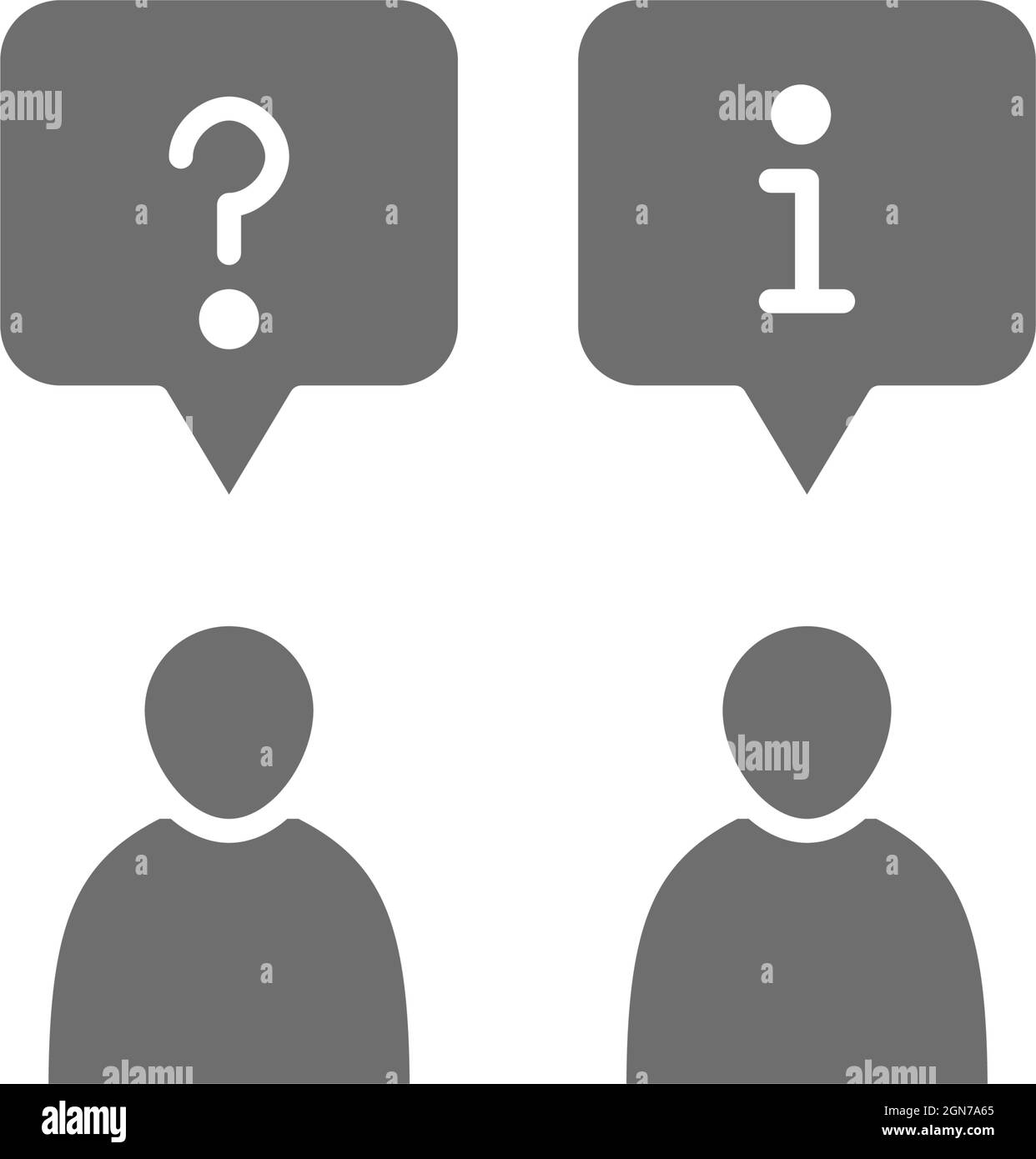 Cliente e dipendente con chat cloud, domande frequenti e risposte icona grigia. Illustrazione Vettoriale