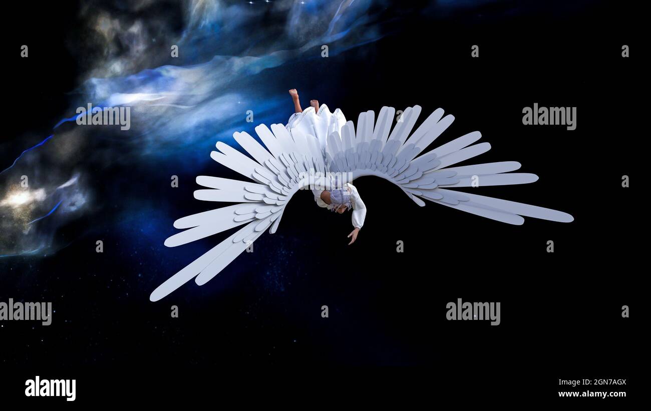 illustrazione 3d di un essere in un vestito bianco che svettante nello spazio con una nebulosa e stelle sullo sfondo. Foto Stock