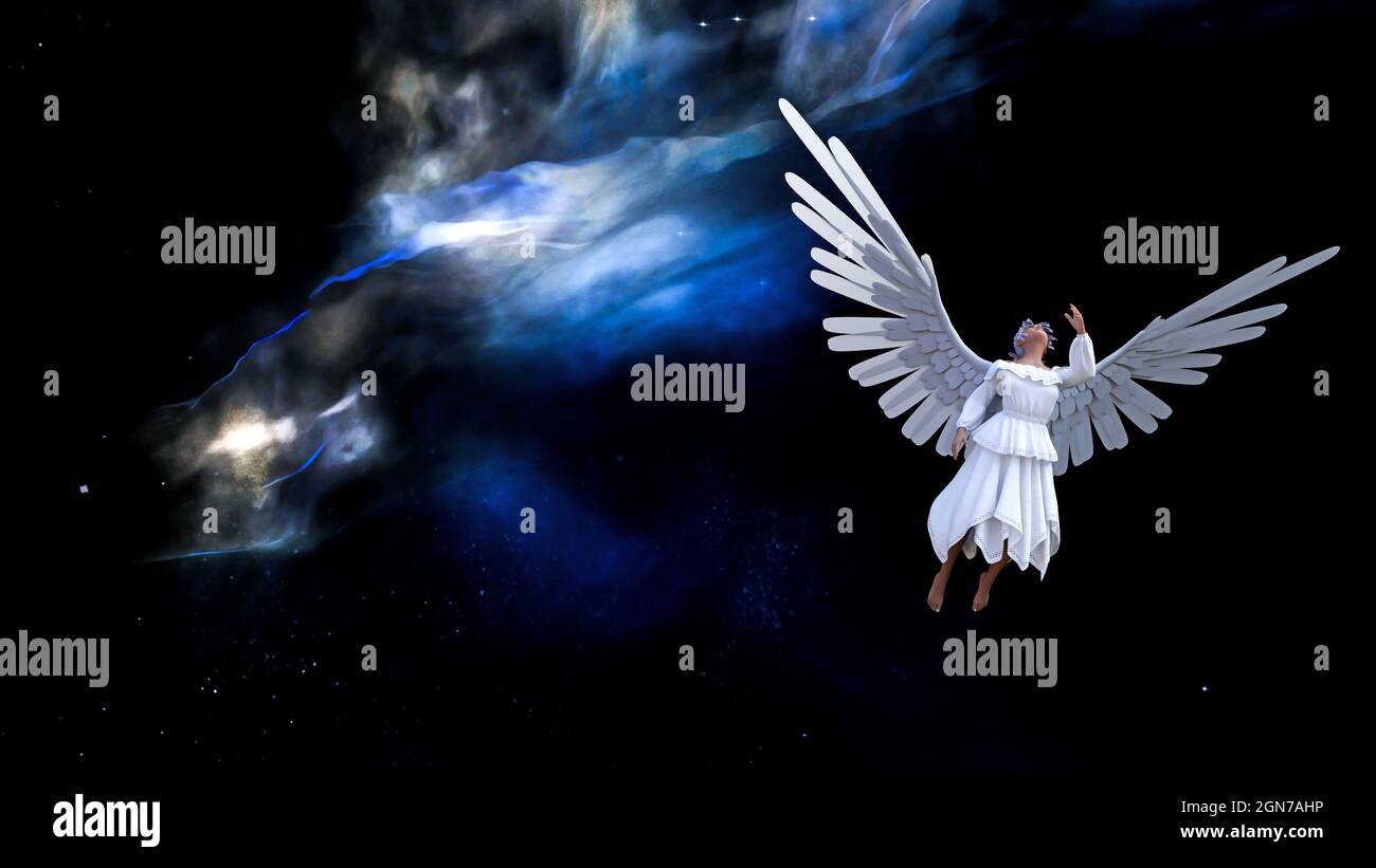 illustrazione 3d di un essere in un vestito bianco che svettante nello spazio con una nebulosa e stelle sullo sfondo. Foto Stock