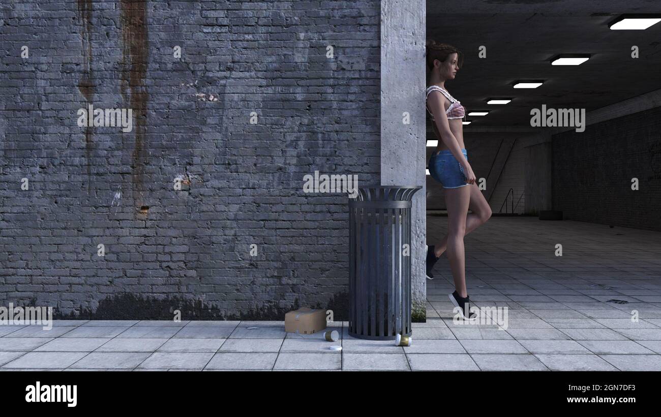 illustrazione in 3d di una donna in pantaloncini e un top halter appoggiato a una parete. Foto Stock